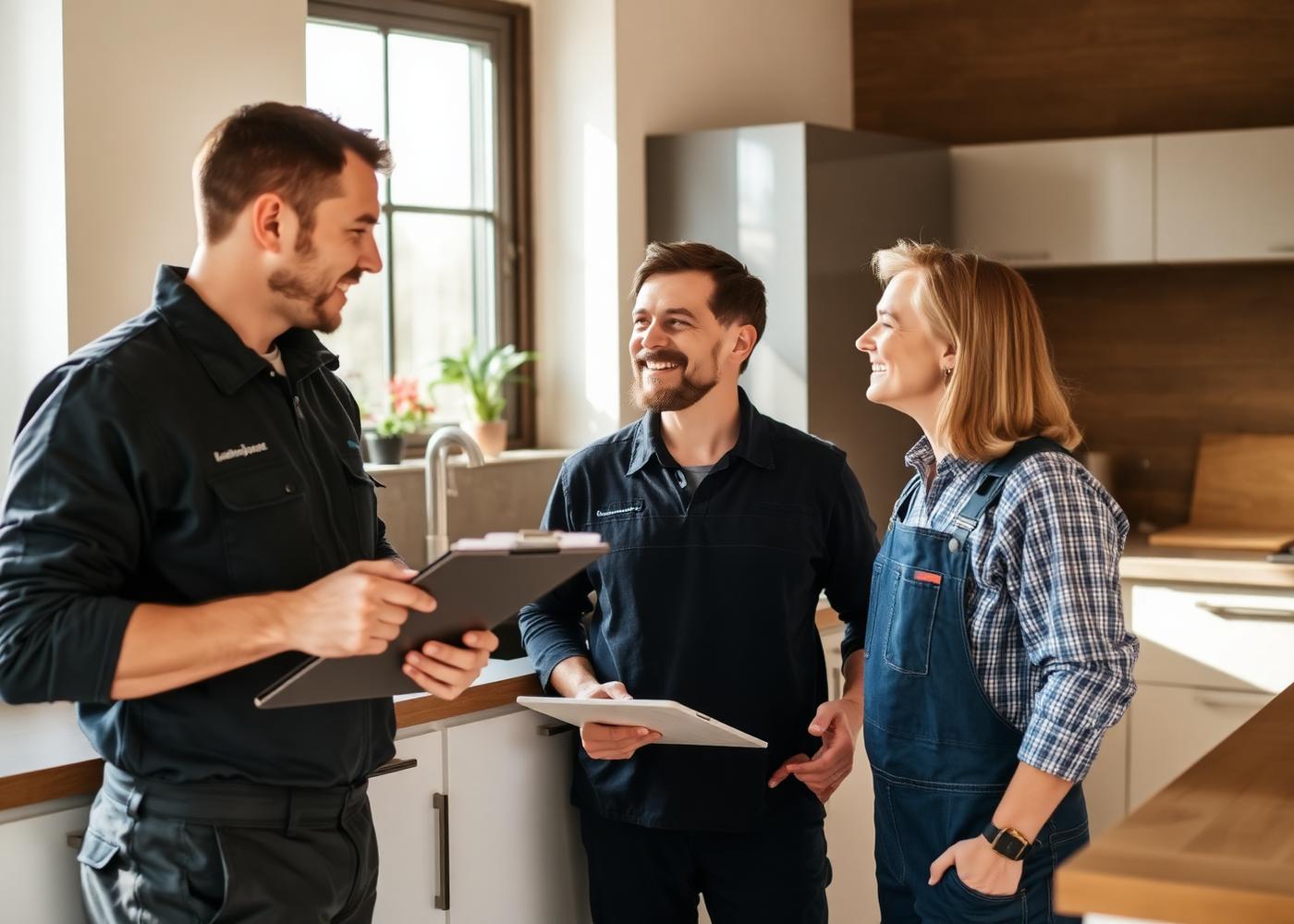 Loodgieter overlegt met een klant in de keuken